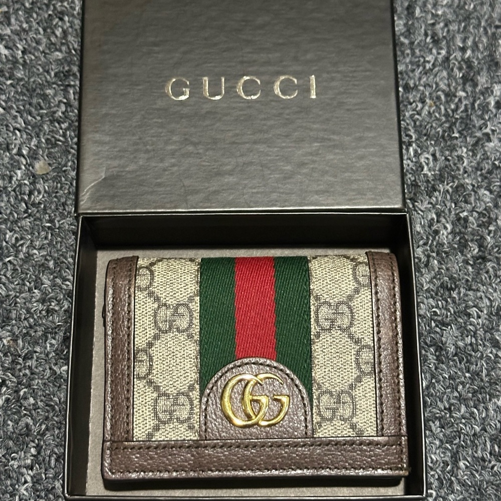 Gucci GG Canvas Card Holder with Green and Red Web Stripe